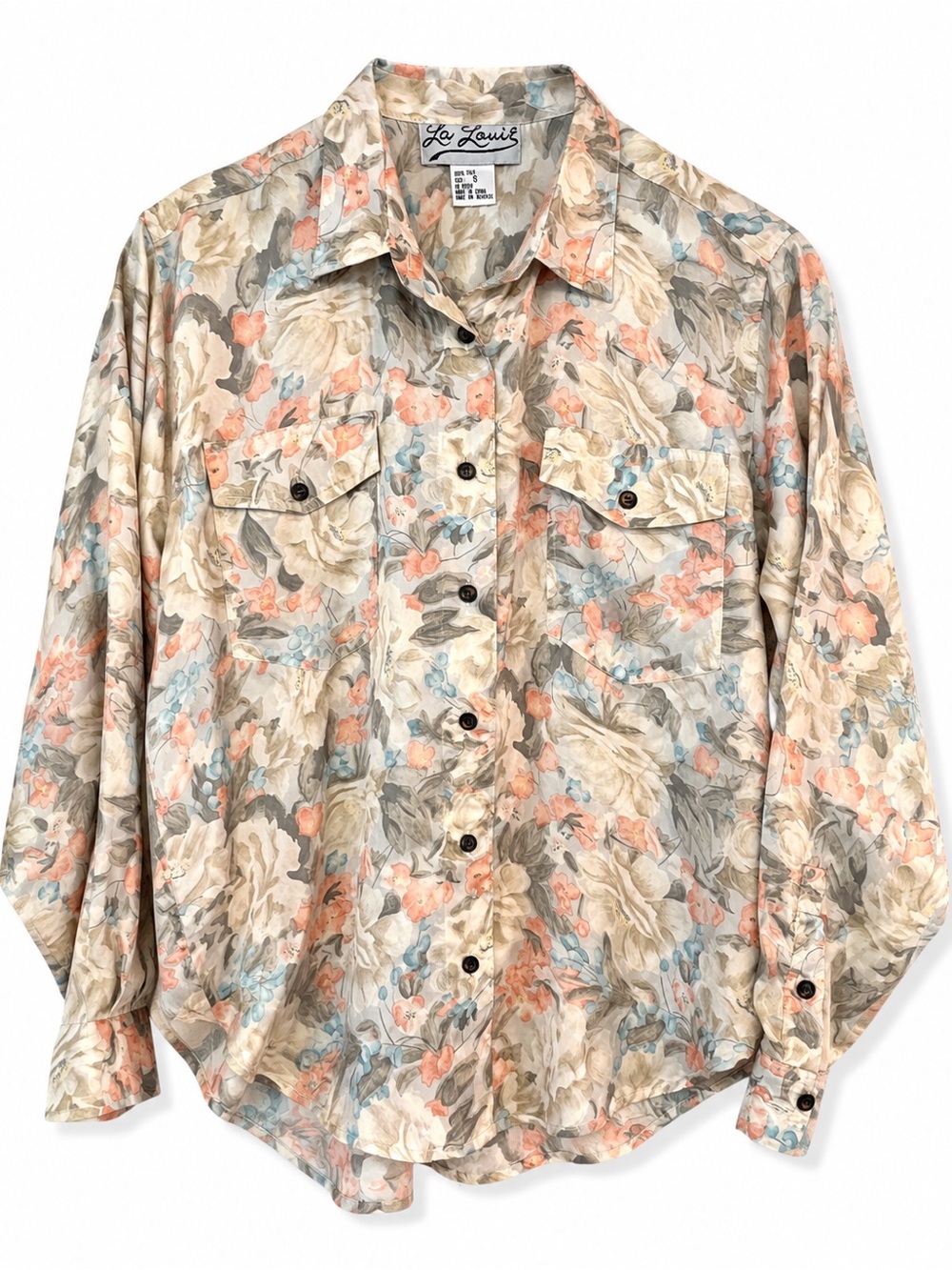 Vintage La Louie 100% Silk Floral Button Down Blouse Small Boho